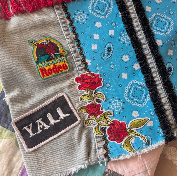 Denim vest, embellished w fabrics, fringe, cowboy boot patch, HANDMADE ITEM - Picture 2 of 11